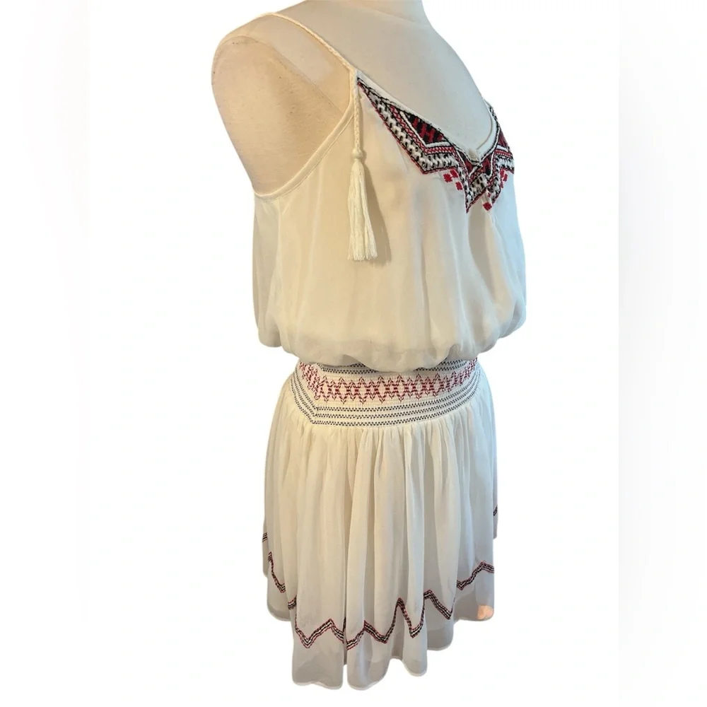 Free People Boho Summer Cream semi shear Dress w/Red Aztec Embroidery Size M - Picture 3 of 17
